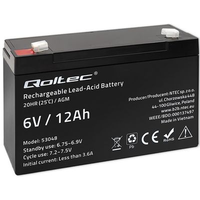 Lead gel battery 6V 12Ah 6,3mm connector.