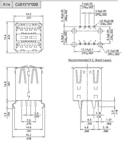 USB-A dual vertical black pcb flash Au