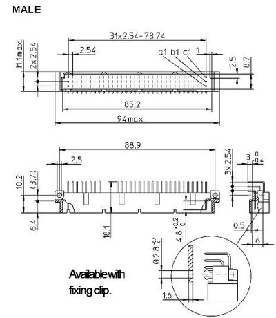 DIN 41612 96-pin A+B+C male RA Reflow