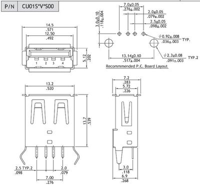 USB-A vertical black pcb flash Au