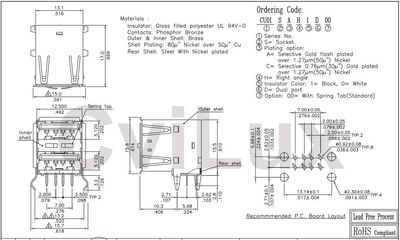 USB-A dual horizontal black pcb flash Au