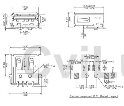 USB-A smd horizontal pcb flash Au tray