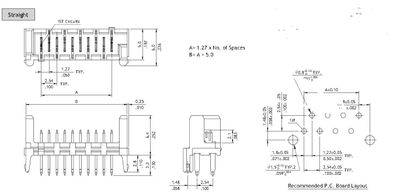 1.27mm Flat Cable conn 20pole vertical male h6,4mm w peg tub