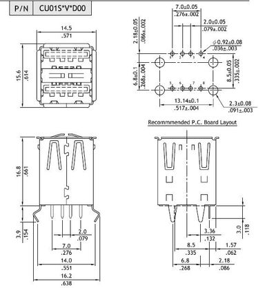 USB-A dual straight black pcb flash Au